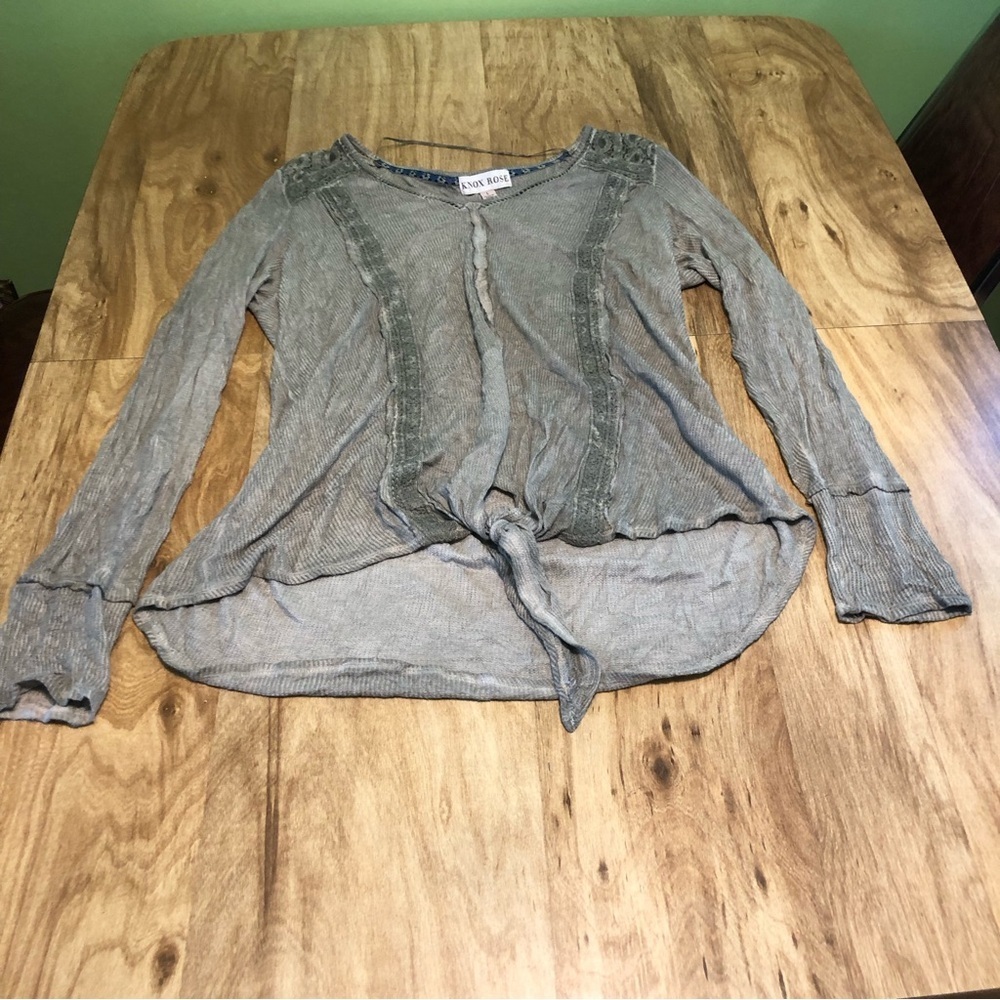 3/$25 Knox Rose Grey Green Burnout Fade Front Tie Long Sleeve Womens Shirt Large